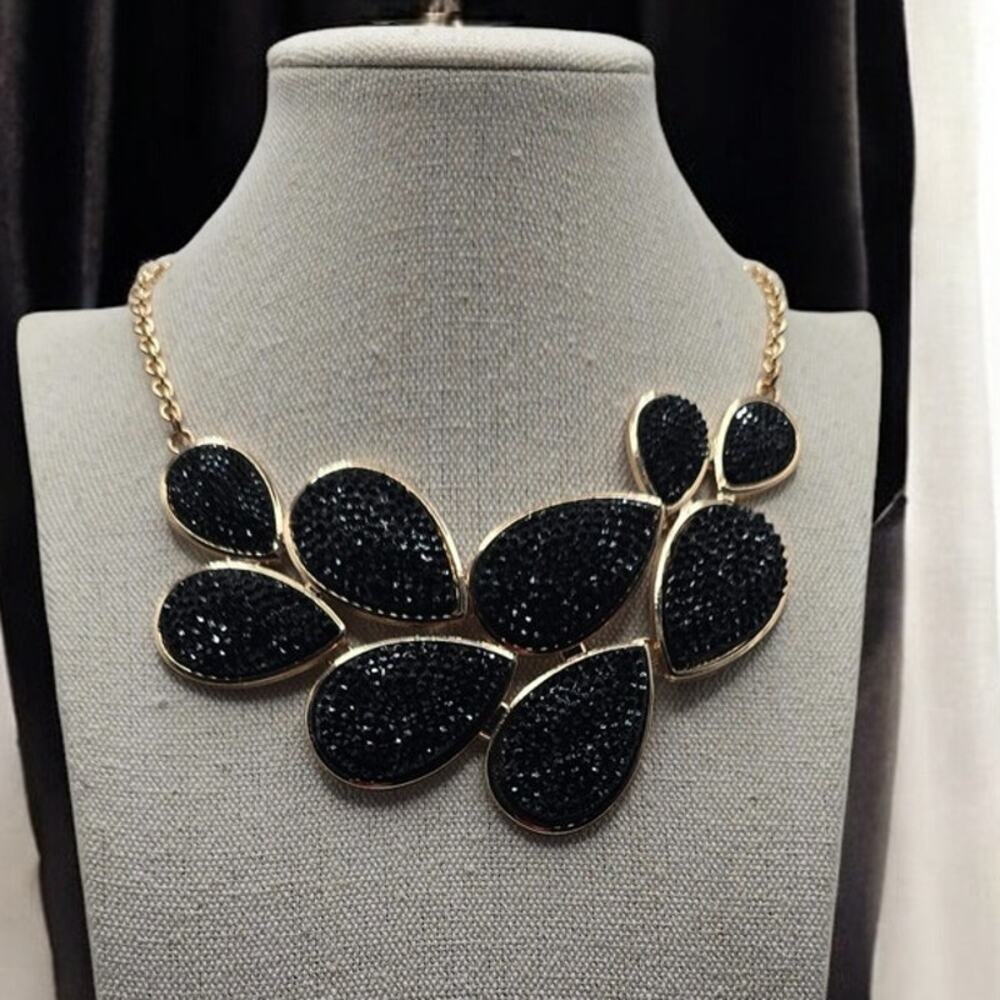 Black Pavé Statement Necklace Gold Tone Teardrop Cluster – Art Deco Glam